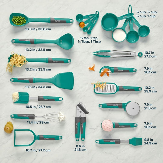 Set of green kitchen utensils with measurements on a light gray background