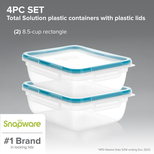 Two Snapware plastic containers with blue lids on a gray background