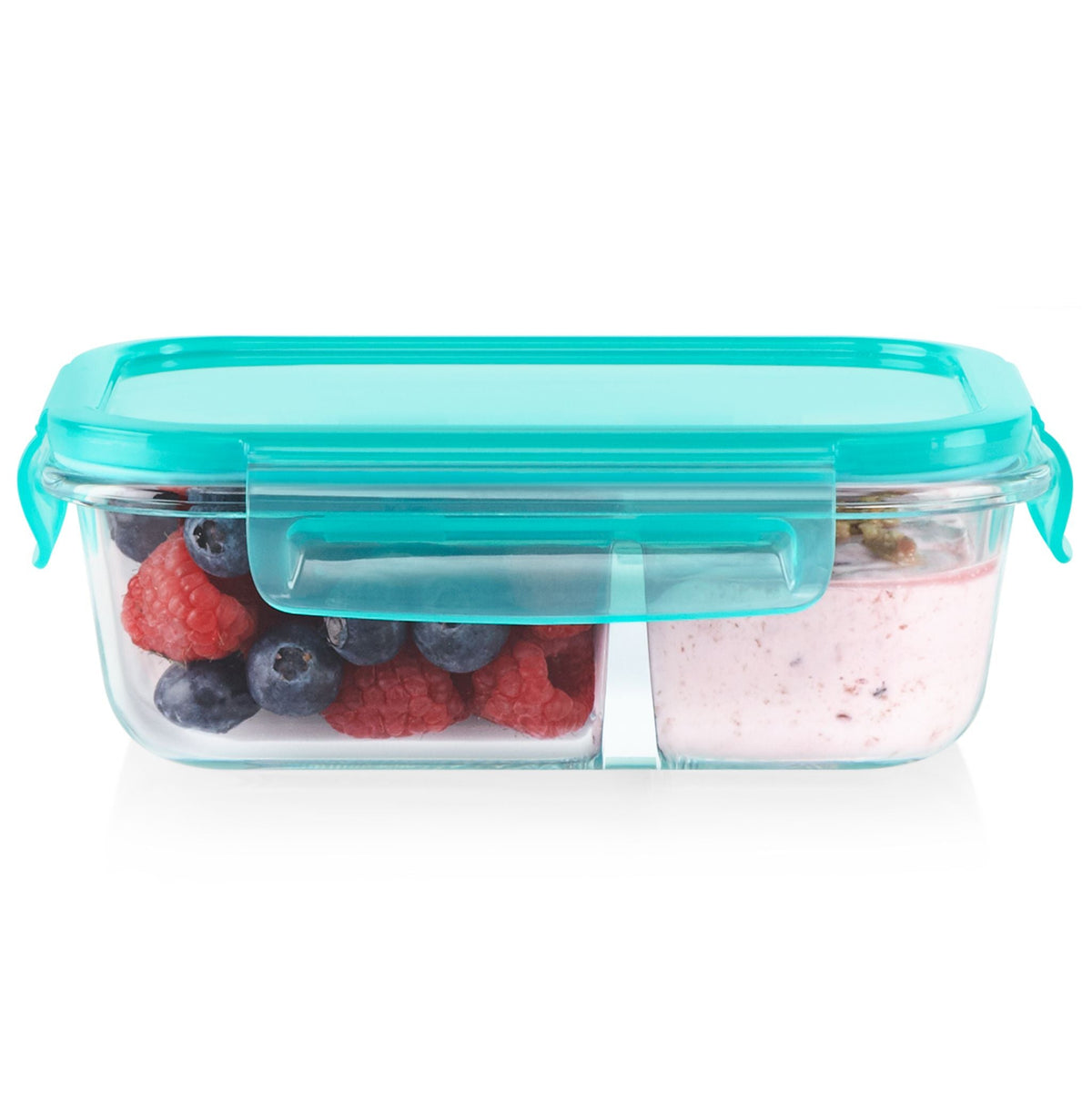 MealBox 2.3-cup Divided Glass Food Storage Container with food inside
