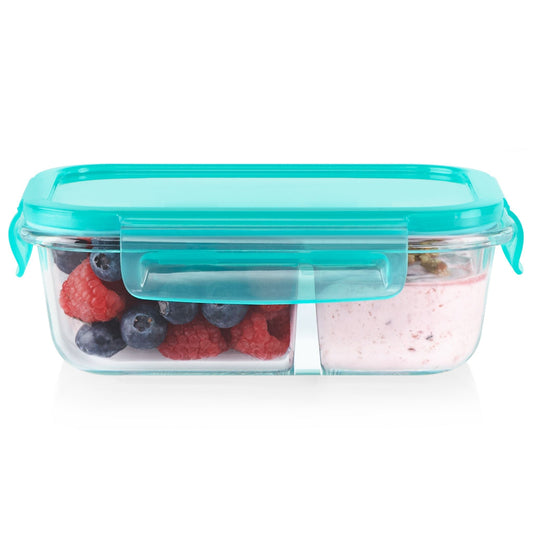 MealBox 2.3-cup Divided Glass Food Storage Container with food inside