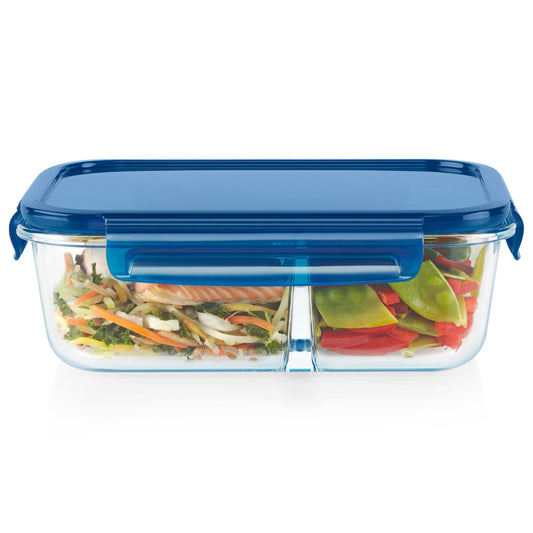 MealBox 5.8-cup Divided Glass Food Storage Container with Blue Lid on and food inside