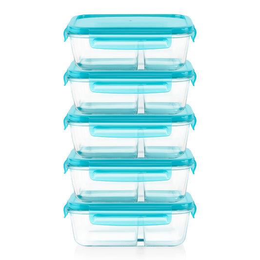 A stack of five clear plastic food storage containers with bright turquoise blue lids and handles, set against a plain white background.