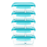 A stack of five clear plastic food storage containers with bright turquoise blue lids and handles, set against a plain white background.