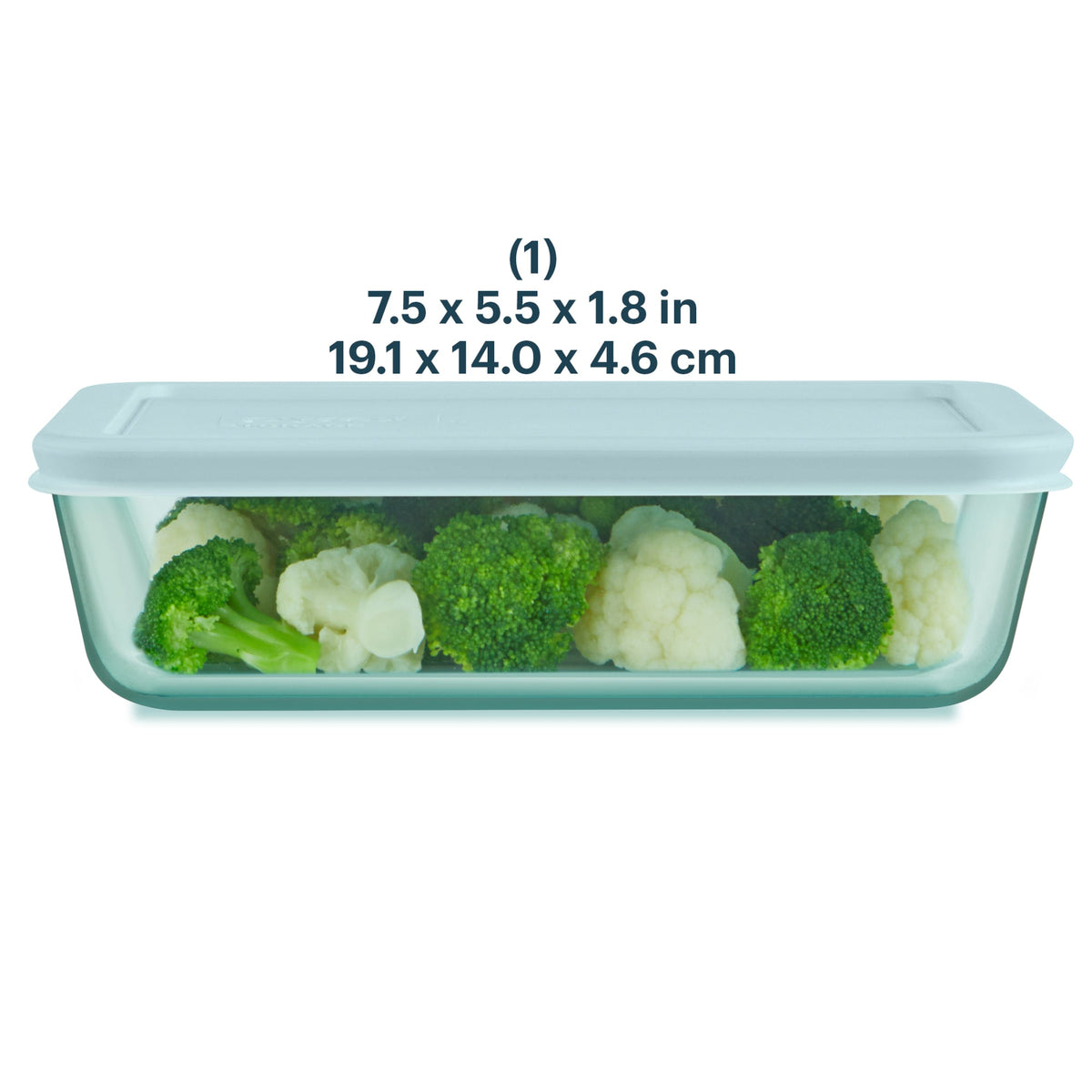 Rectangular glass food container with vegetables inside, showing dimensions on a white background