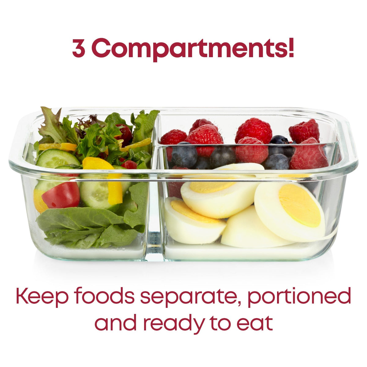 Pyrex 4.1 cup, 3 compartment Mealbox with text keep foods separate portioned and ready to eat