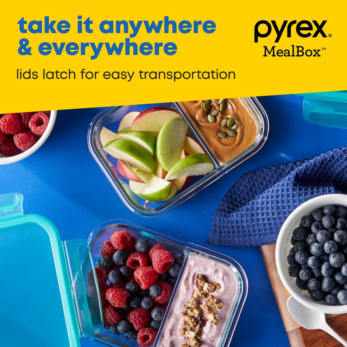 MealBox 2.3-cup Divided Glass Food Storage Container with text take it anywhere &amp; everywhere lids latch for easy transportation
