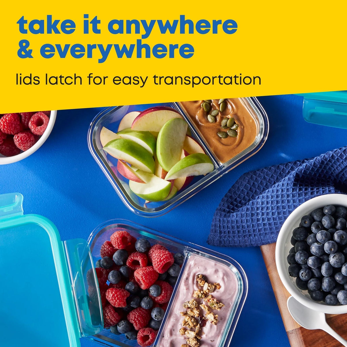 MealBox 4-cup Divided Glass Food Storage Container with text take in anywhere &amp; everywhere