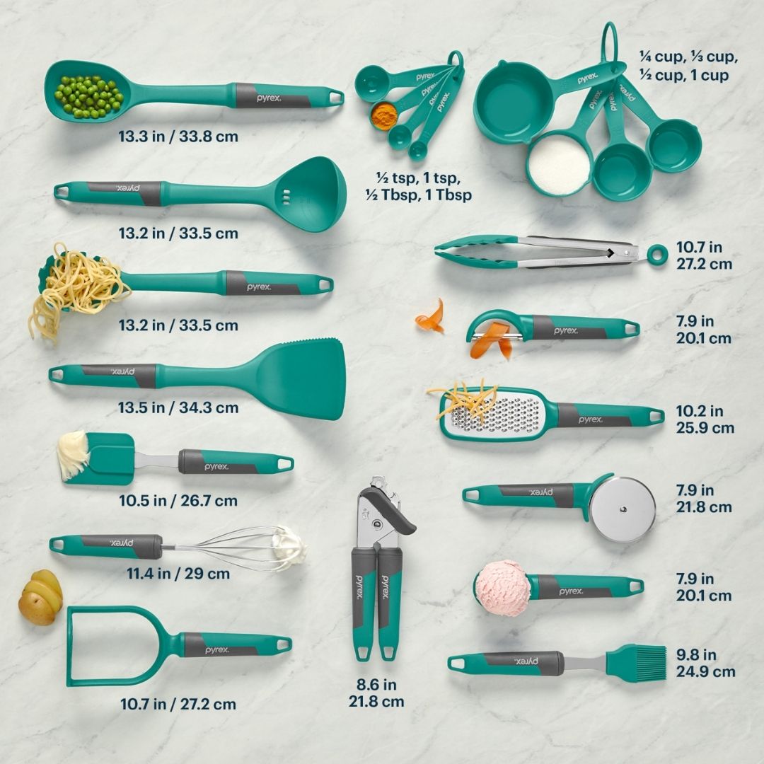 Set of green kitchen utensils with measurements on a light gray background