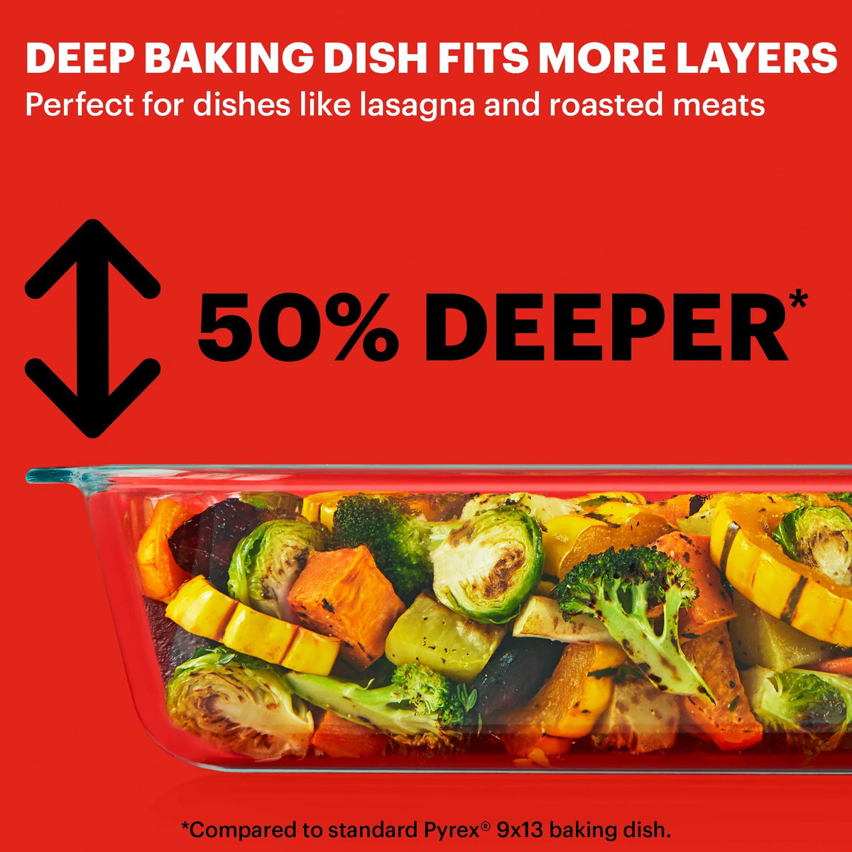 photo with veggies inside and text Deep baking dish fits more layers perfect for dishes like lasagna &amp; roasted meats