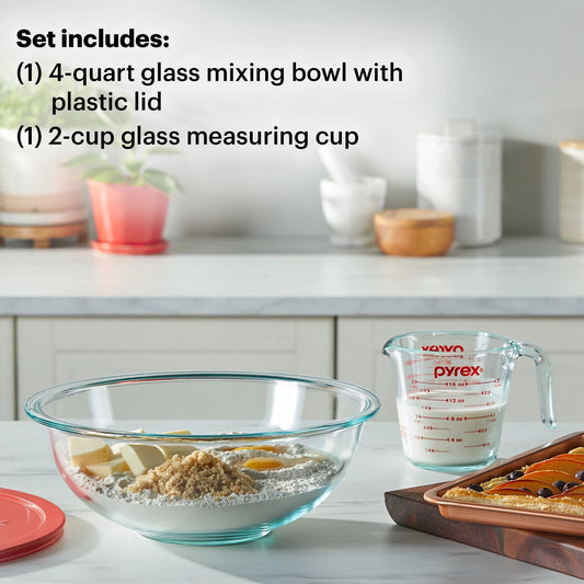 photo of prep set on the table with text one of each included 4-qt glass mixing bowl with lid &amp; 2-cup glass measuring cup