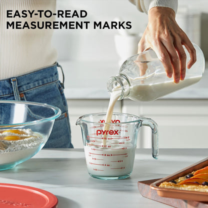 Smart Essentials Glass Prep Set showing milk milk being poured in cup &amp; text easy to read measurements