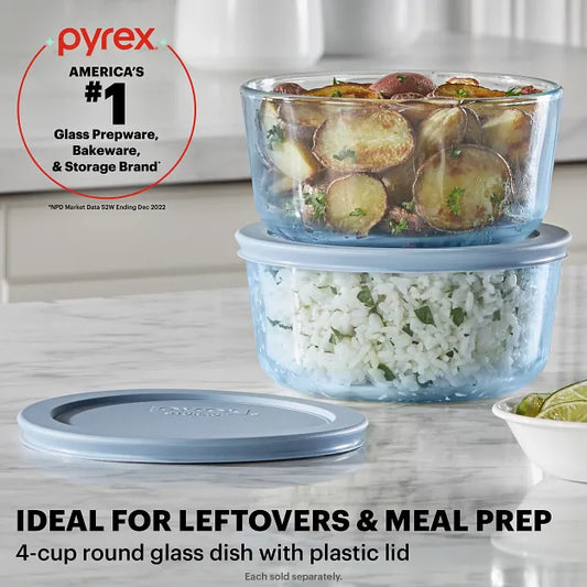Simply Store® Tinted 4-cup Round Storage with Blue Plastic Lid with text Ideal for leftovers and meal prep