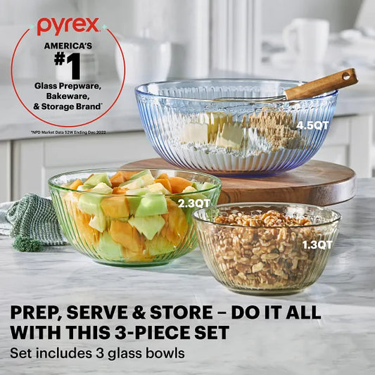 Colors Sculpted Tinted Dreams 3-piece Mixing Bowl Set with text Pyrex Americas #1 glass, prep &amp; bakeware &amp; storage brand