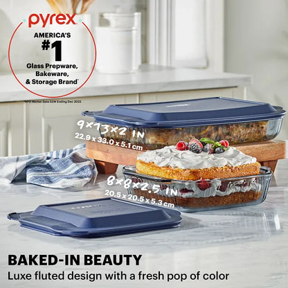 Pyrex Colors - 4pc Bakeware, Smoke with text Pyrex America's #1 glass prep & bakeware & storage brand