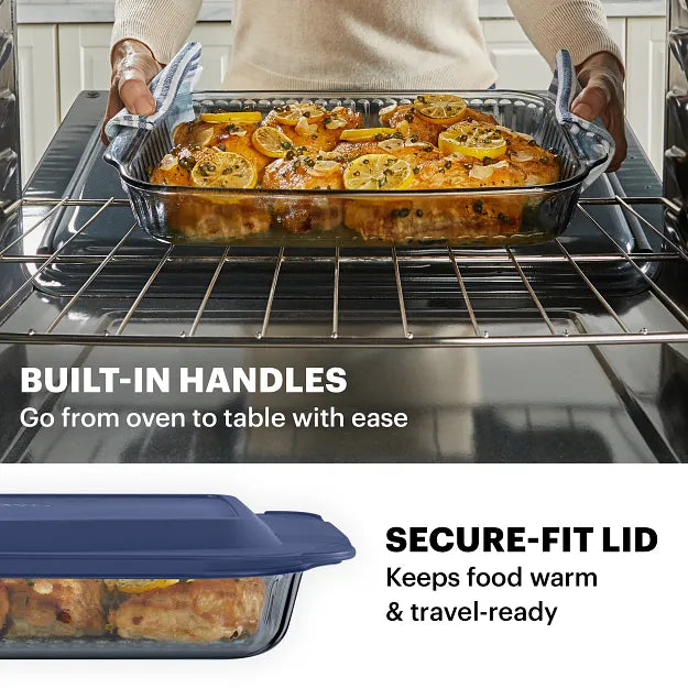 Pyrex 9x13 in oven with text built in handles go from oven to table with ease