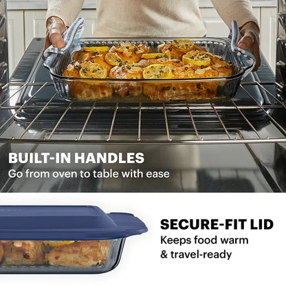 Pyrex 9x13 in oven with text built in handles go from oven to table with ease