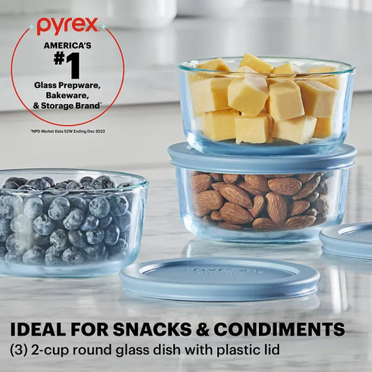 Simply Store Blue 6pc set (2cup) with text Pyrex Americas #1 glass prep & bakeware & storage brand