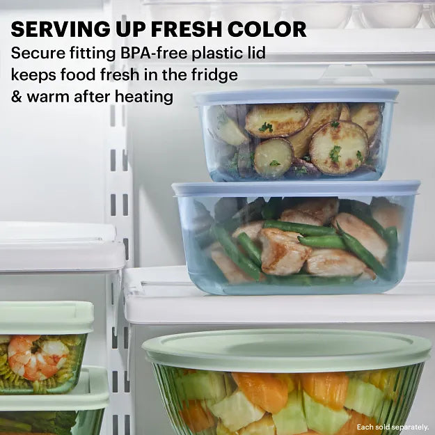 Pyrex Colors storage & mixing bowl with text serving up fresh color secure fitting BPA free plastic lid keeps food fresh in fridge & warm after heating