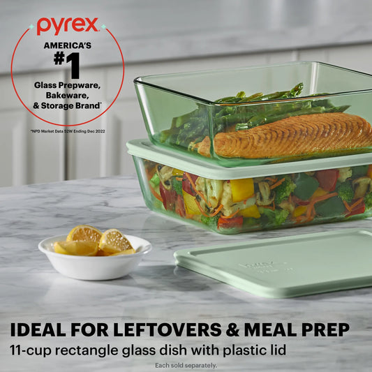11-cup rectangle green glass with plastic lid Ideal for Leftovers and Meal Prep