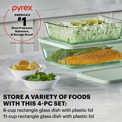 Simply Store® Tinted 4-piece Rectangle Storage Set with Green Plastic Lids with text Pyrex America's Number 1
