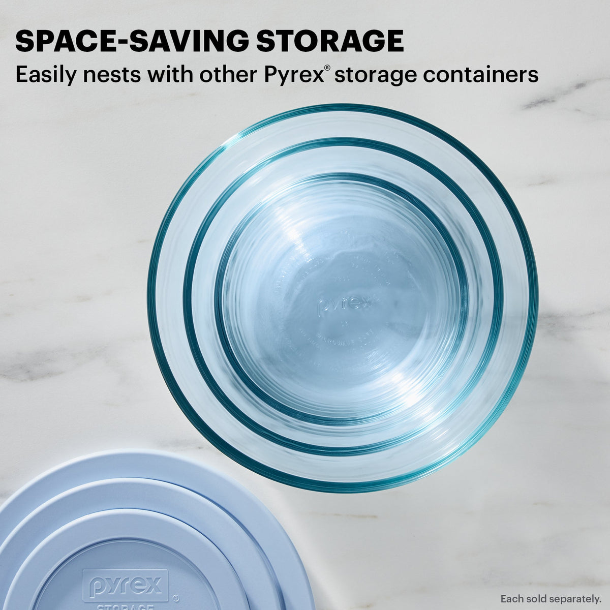 Pyrex Colors Blue Containers-text easily nests with other Pyrex storage containers