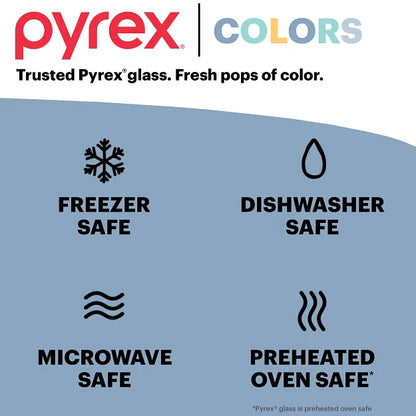 text Pyrex Colors trusted Pyrex glass - fresh pops of color, freezer, dishwasher, microwave & preheated oven safe