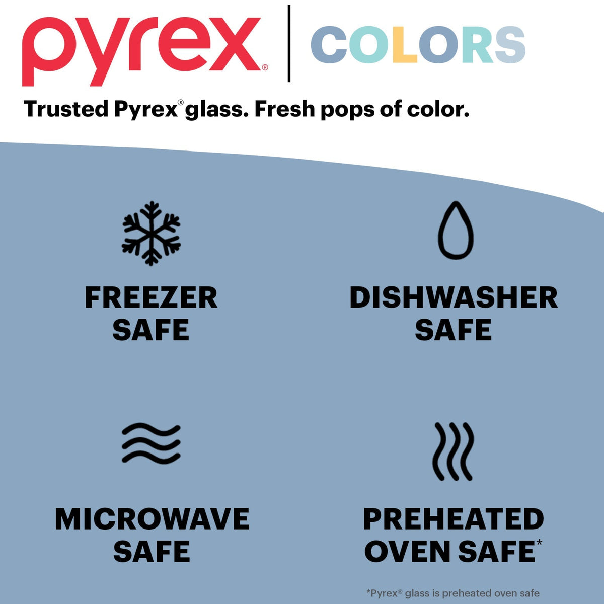 text pyrex colors trusted pyrex glass, fresh pops of color, freezer, dishwasher, microwave & preheated ovensafe