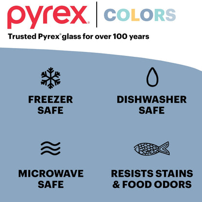 text Pyrex Colors trusted glass for over 100 years; freezer dishwasher & microwave safe, resists stains and odors