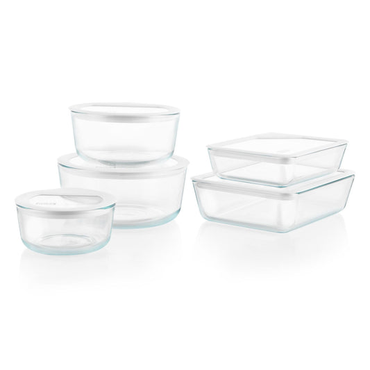 Pyrex 10‑piece glass food storage set on a white background.