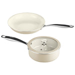 Set of ceramic cookware with a frying pan and a saucepan on a white background