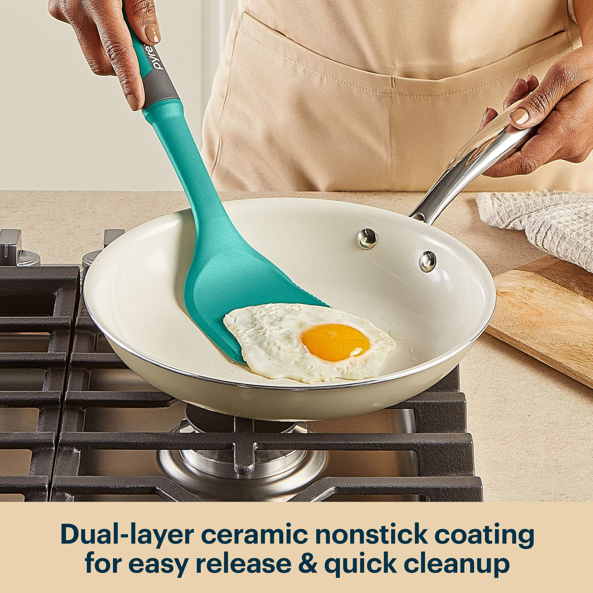 Person cooking an egg in a frying pan with a turquoise spatula, text about nonstick coating.