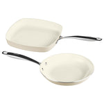 Cream-colored frying pan with a lid on a white background