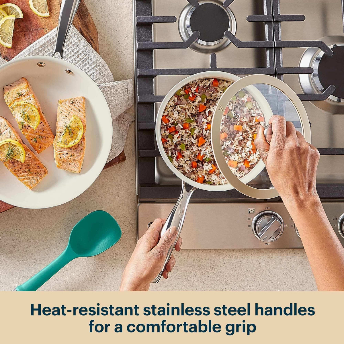 Person cooking on a stovetop with heat-resistant stainless steel handles, text overlay about handles.
