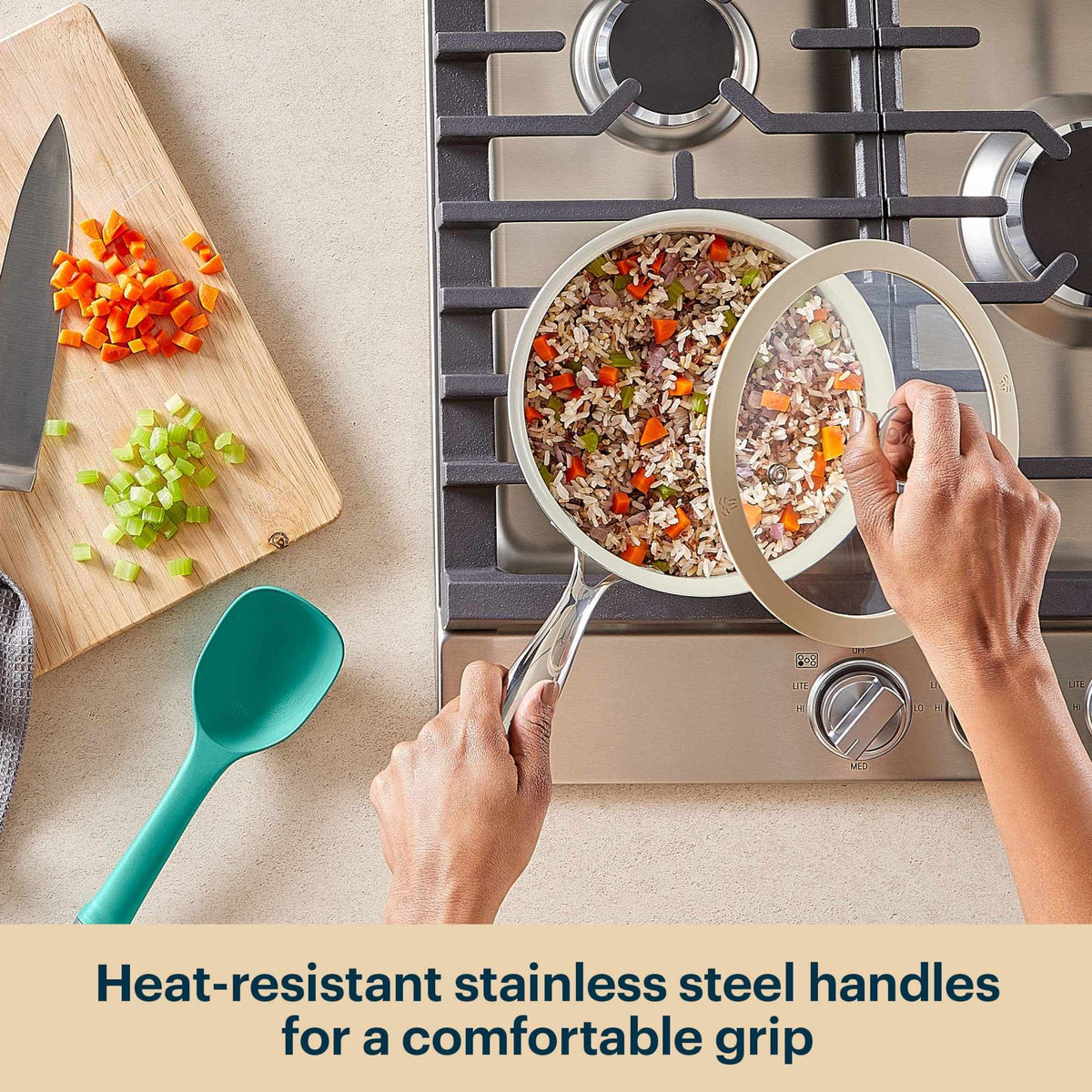 Person cooking on a stovetop with a pan and using a spatula, text about heat-resistant handles.