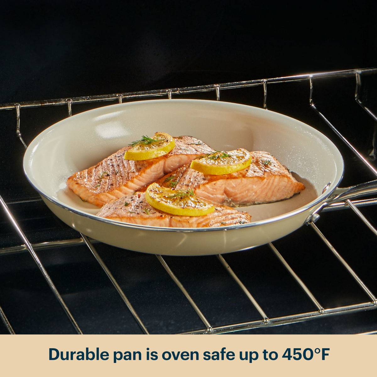 Salmon dish in a white pan with lemon slices on an oven rack, text indicating oven safety.