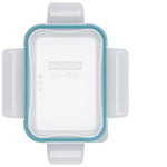 Snapware food storage container with blue lid on a white background