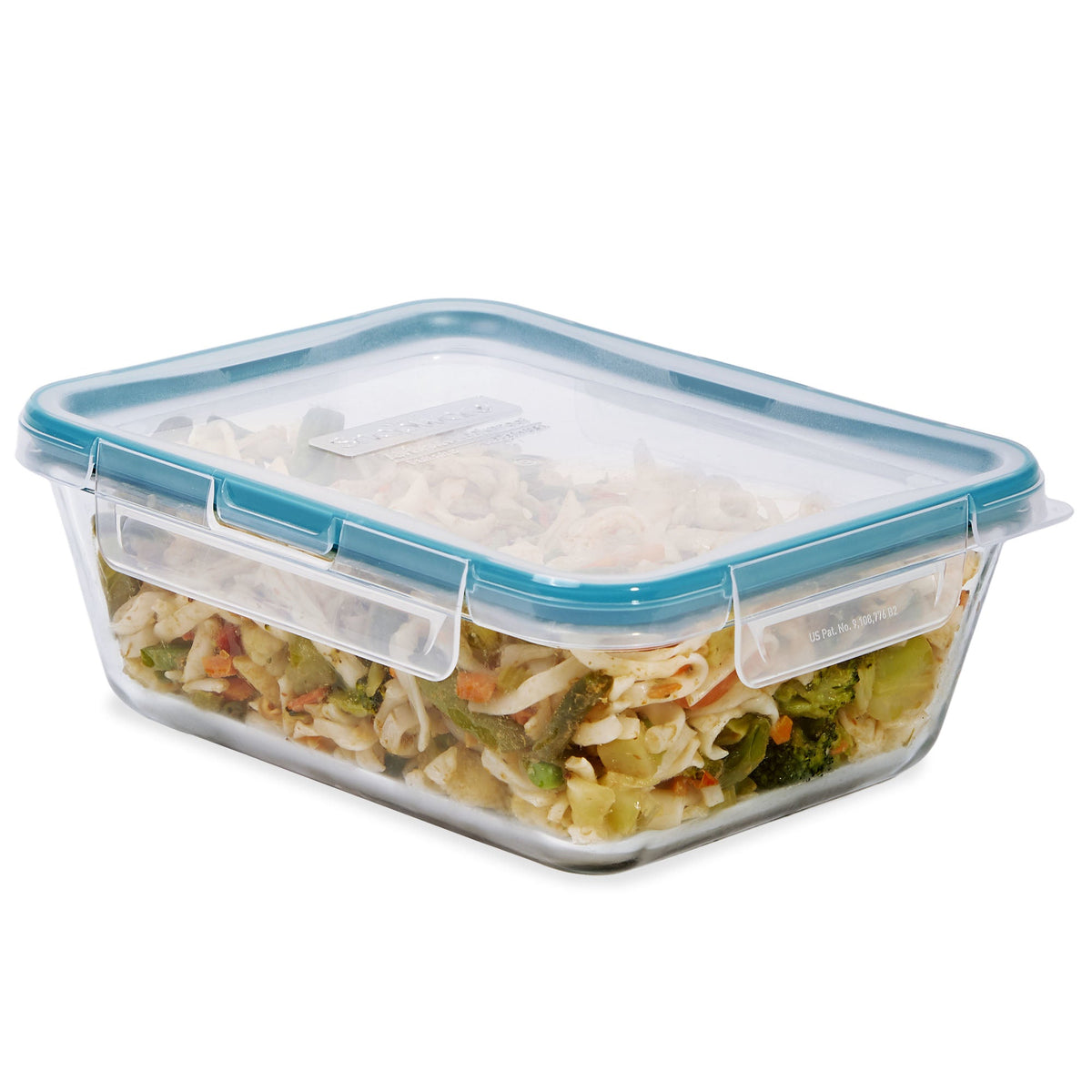 Rectangular food storage container with a blue lid on a white background