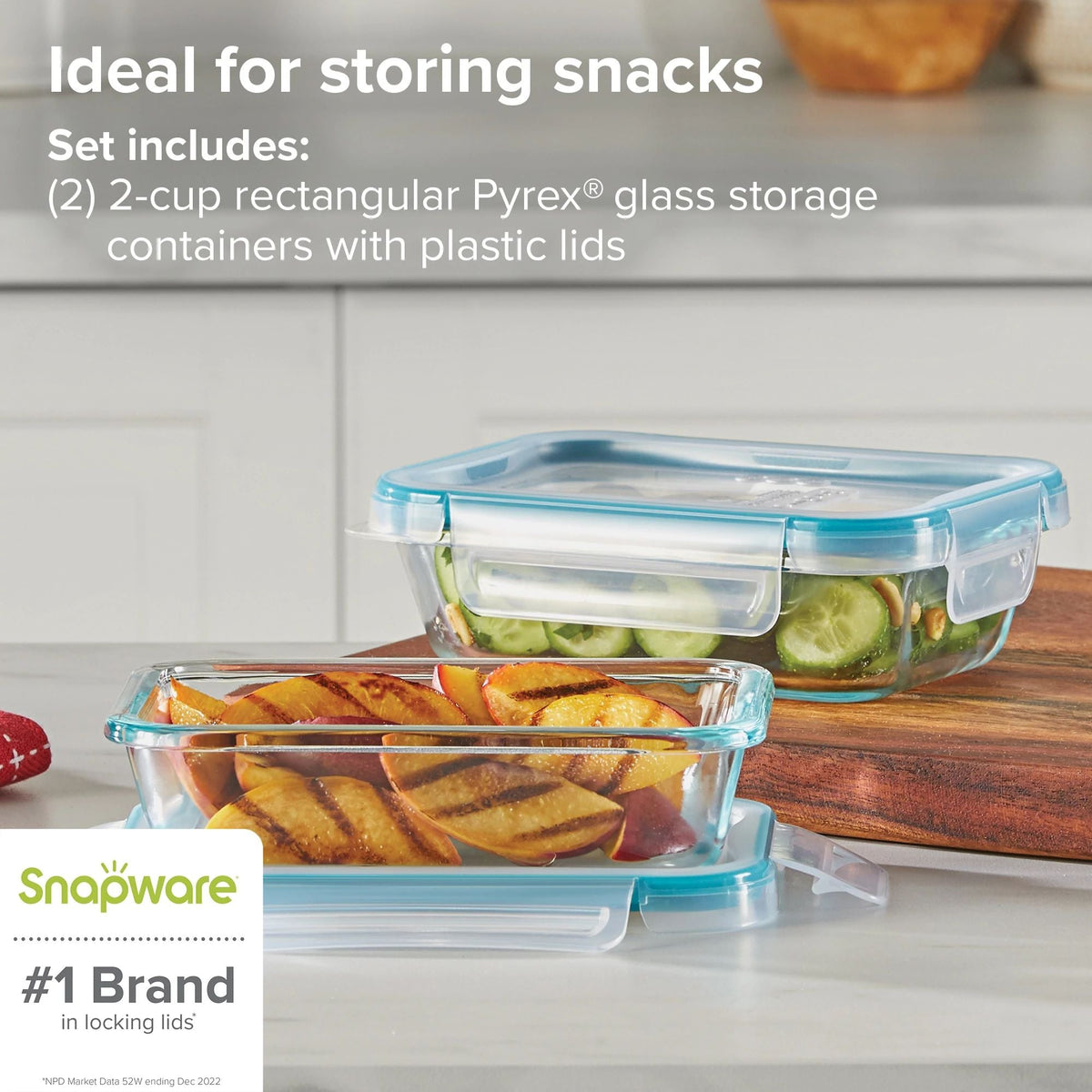 Total Solution Pyrex 4-pc Glass Storage Set with Plastic Lids with text ideal for storing snacks