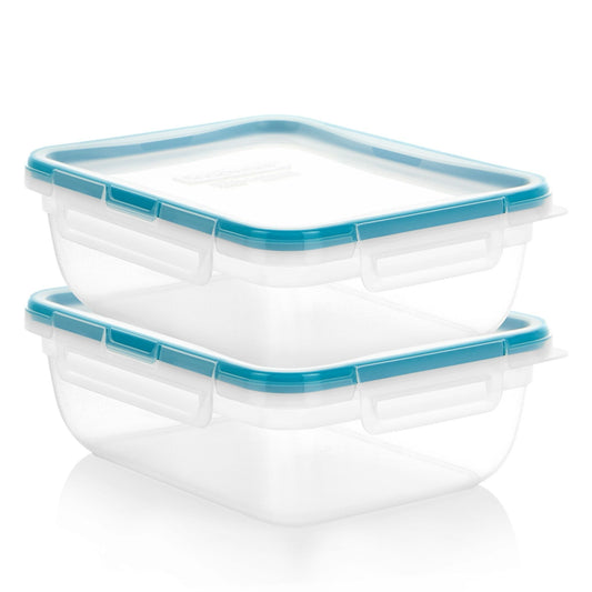 Two clear plastic containers with blue lids on a white background