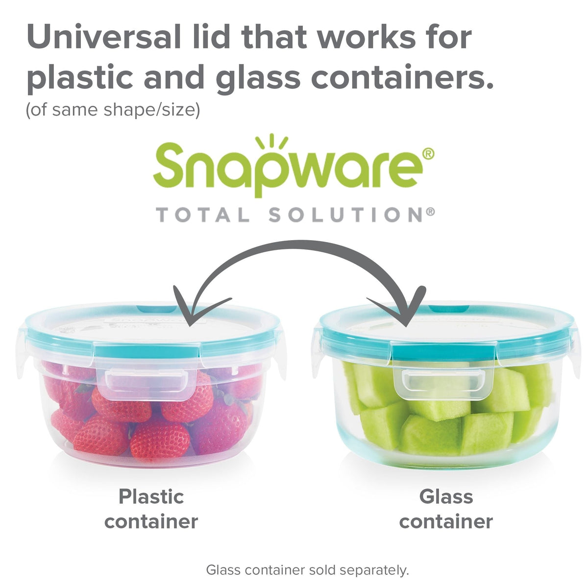 Snapware containers with a universal lid for plastic and glass containers on a white background.