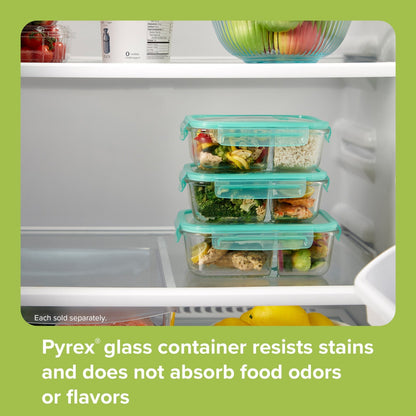 Snapware 4-cup divided dish in fridge with text; Pyrex glass container resists stains & does not absorb food odors or flavors