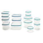 Set of clear food storage containers with blue lids on a white background