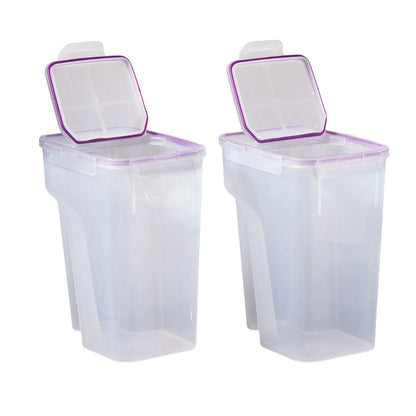 Two clear storage containers with purple lids on a white background