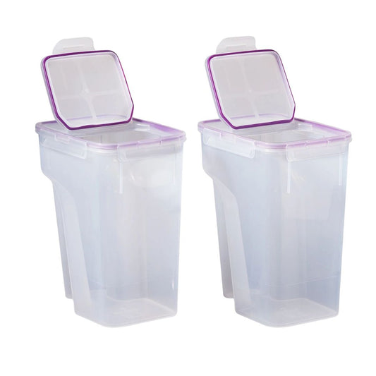 Two clear storage containers with purple lids on a white background