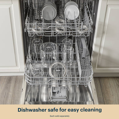 Dishwasher with clean dishes inside, labeled 'Dishwasher safe for easy cleaning'.