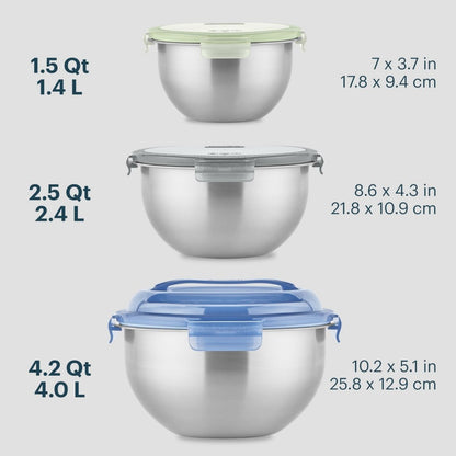 Three stainless steel mixing bowls with lids of different sizes on a white background