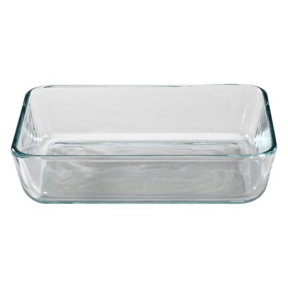 Clear glass rectangular baking dish on a white background