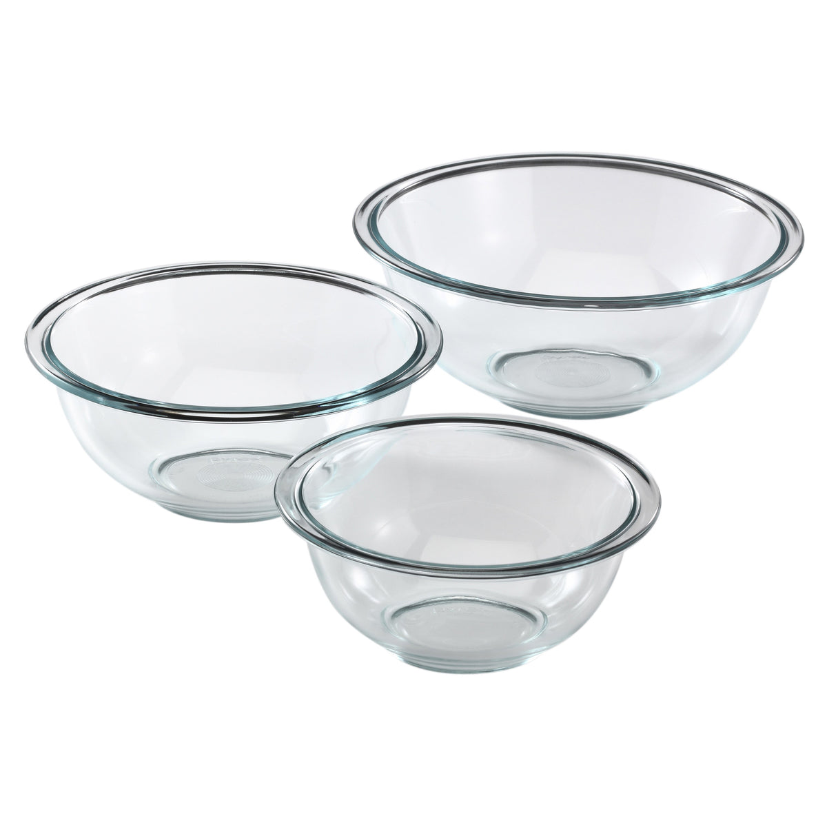 Three clear glass bowls on a white background